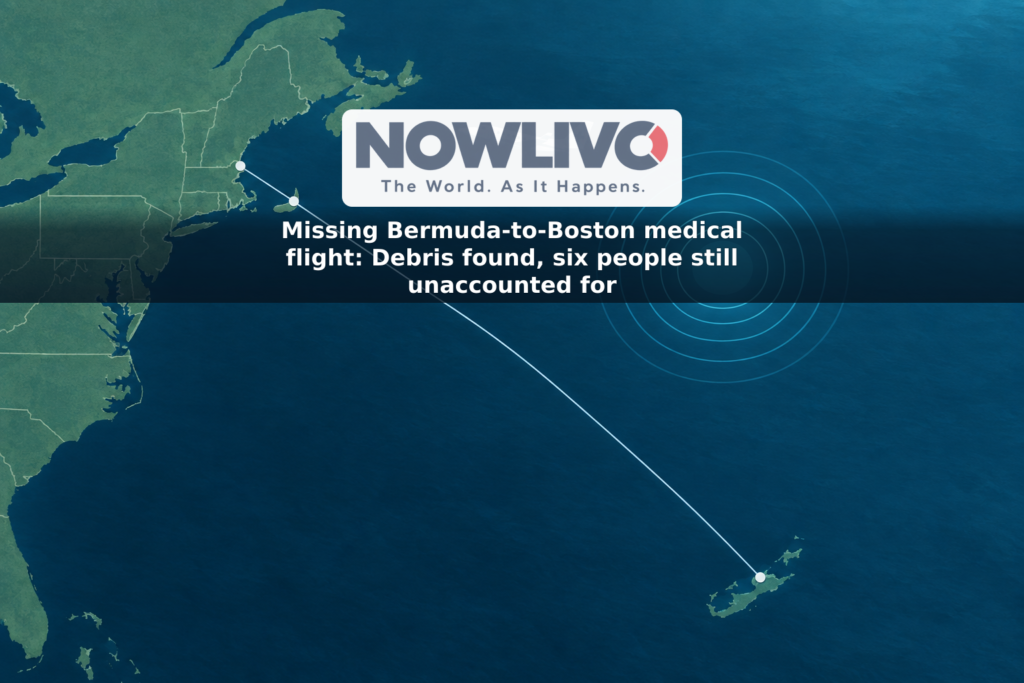 Illustrated map showing a medical flight route from Bermuda toward Boston and an abstract search area off Nantucket.