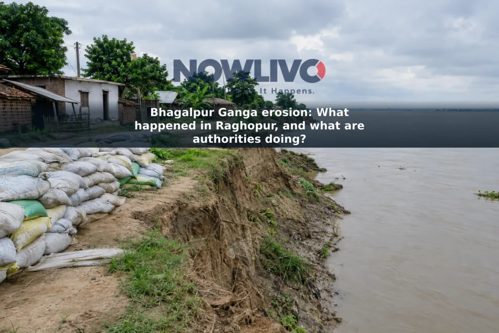 Illustrative view of an eroded riverbank near homes, with sandbags prepared for protection work.