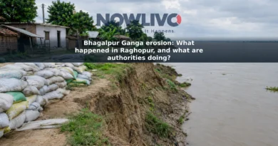 Illustrative view of an eroded riverbank near homes, with sandbags prepared for protection work.