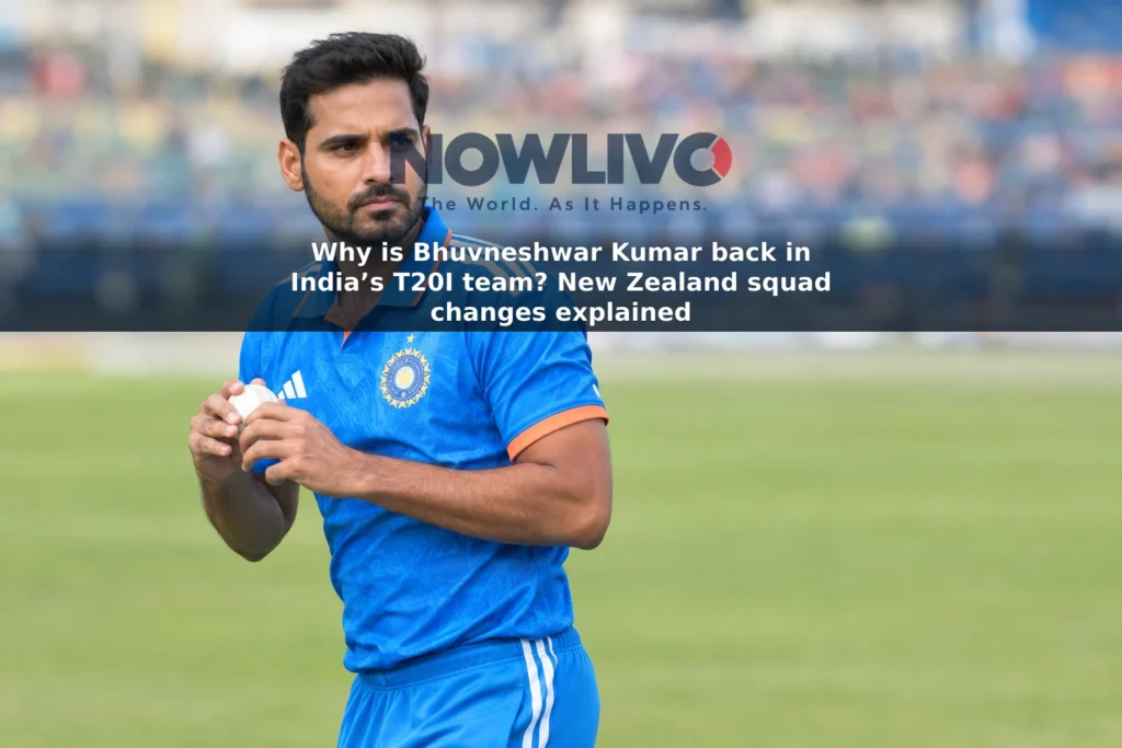 Editorial-style image of Bhuvneshwar Kumar holding a cricket ball on a cricket ground.