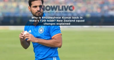Editorial-style image of Bhuvneshwar Kumar holding a cricket ball on a cricket ground.