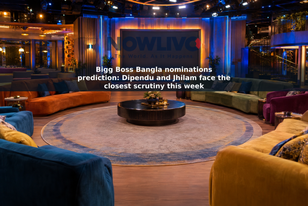 An empty, brightly lit reality television living room with sofas arranged for a discussion.