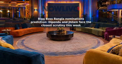 An empty, brightly lit reality television living room with sofas arranged for a discussion.