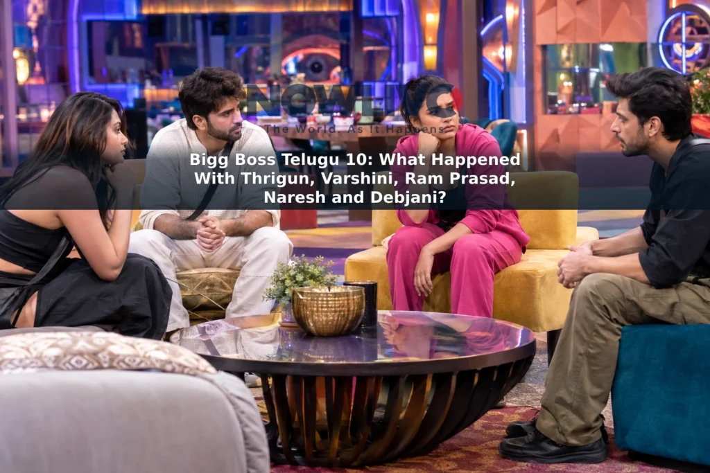 Adult contestants in a brightly lit reality-show living room during a tense group discussion.