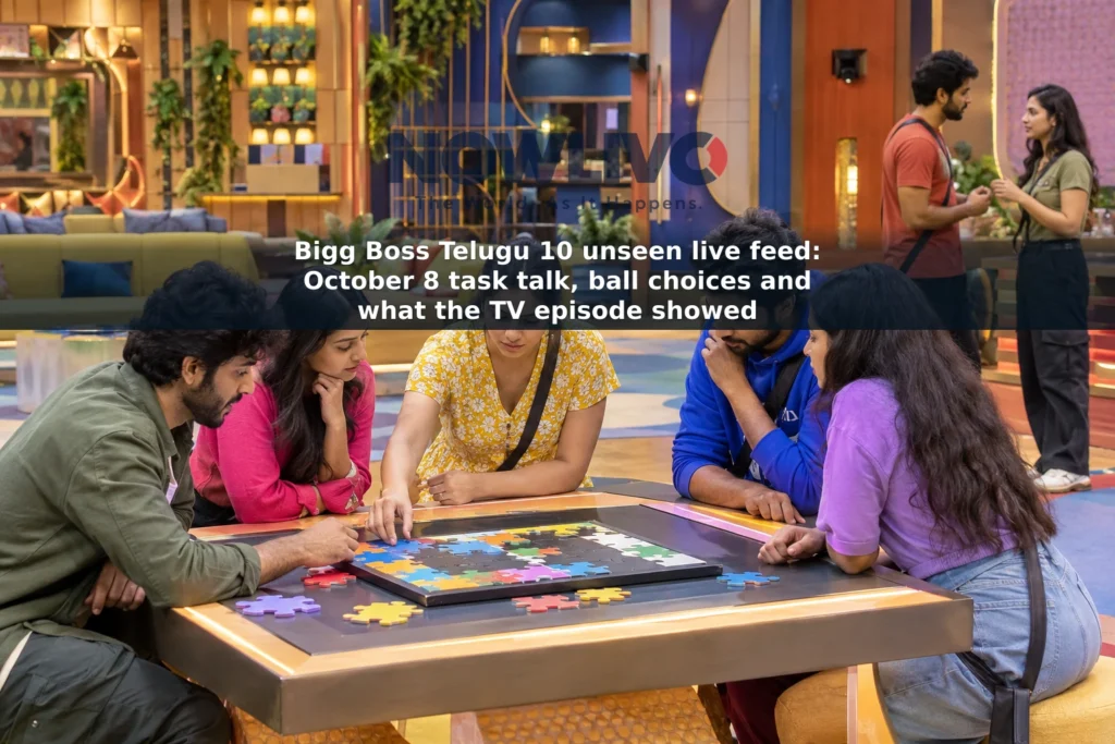 Illustrative reality-show house scene with adult contestants gathered around a puzzle task while two talk in the background