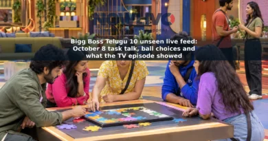 Illustrative reality-show house scene with adult contestants gathered around a puzzle task while two talk in the background