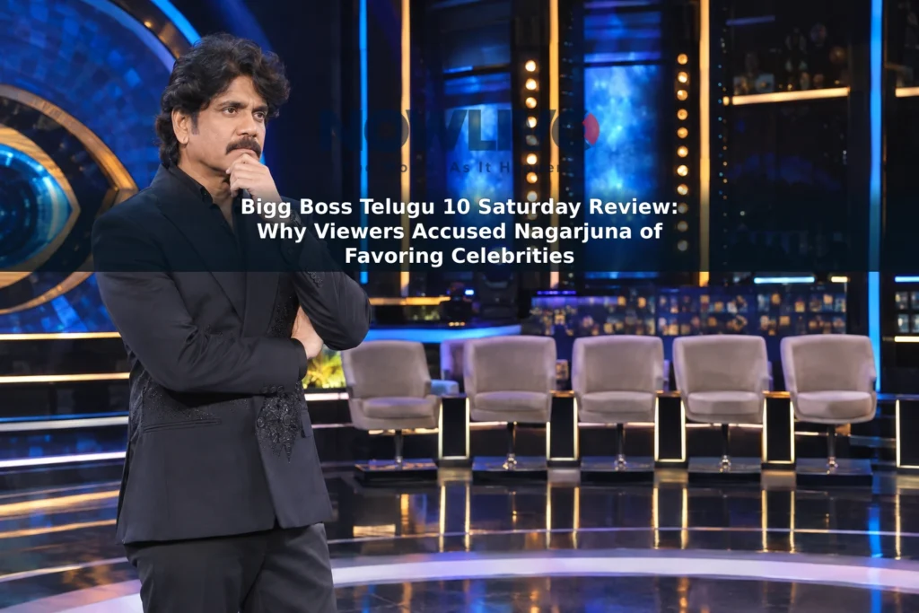 Nagarjuna on a reality-TV-style stage facing contestant chairs during a weekend review.