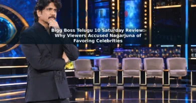 Nagarjuna on a reality-TV-style stage facing contestant chairs during a weekend review.