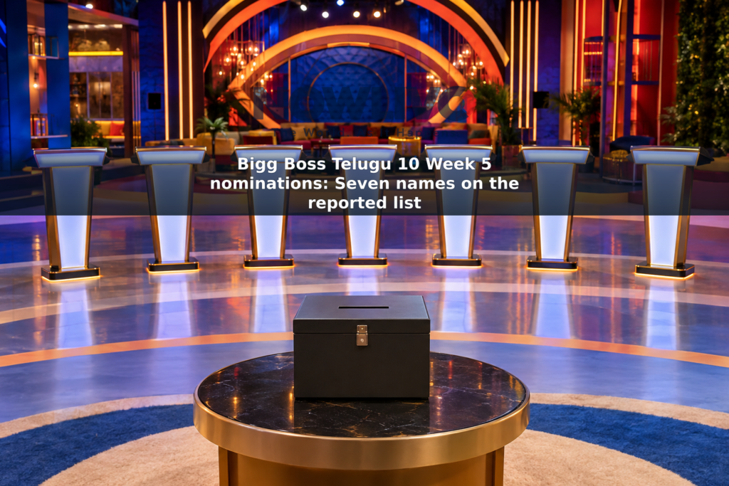 Illustrative reality-show nomination set with seven illuminated podiums and a ballot box.