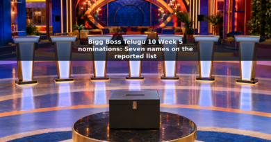 Illustrative reality-show nomination set with seven illuminated podiums and a ballot box.