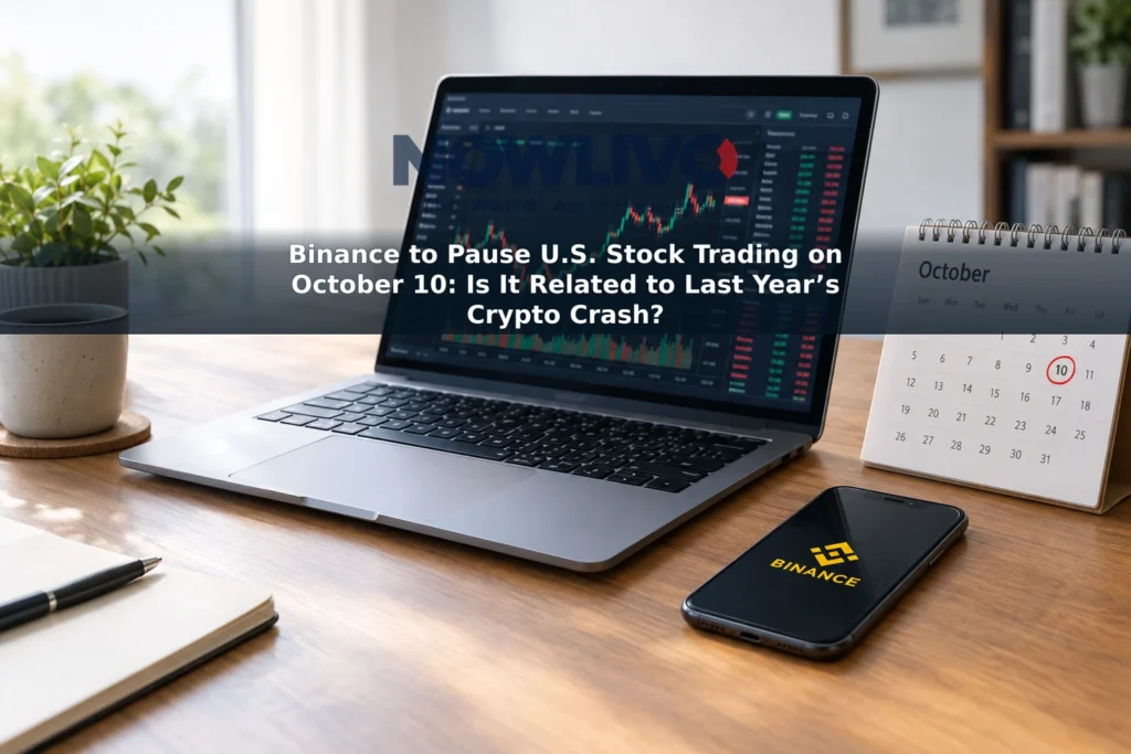 Laptop at a trading desk beside a Binance app icon and a calendar marked October 10.