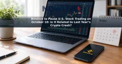 Laptop at a trading desk beside a Binance app icon and a calendar marked October 10.