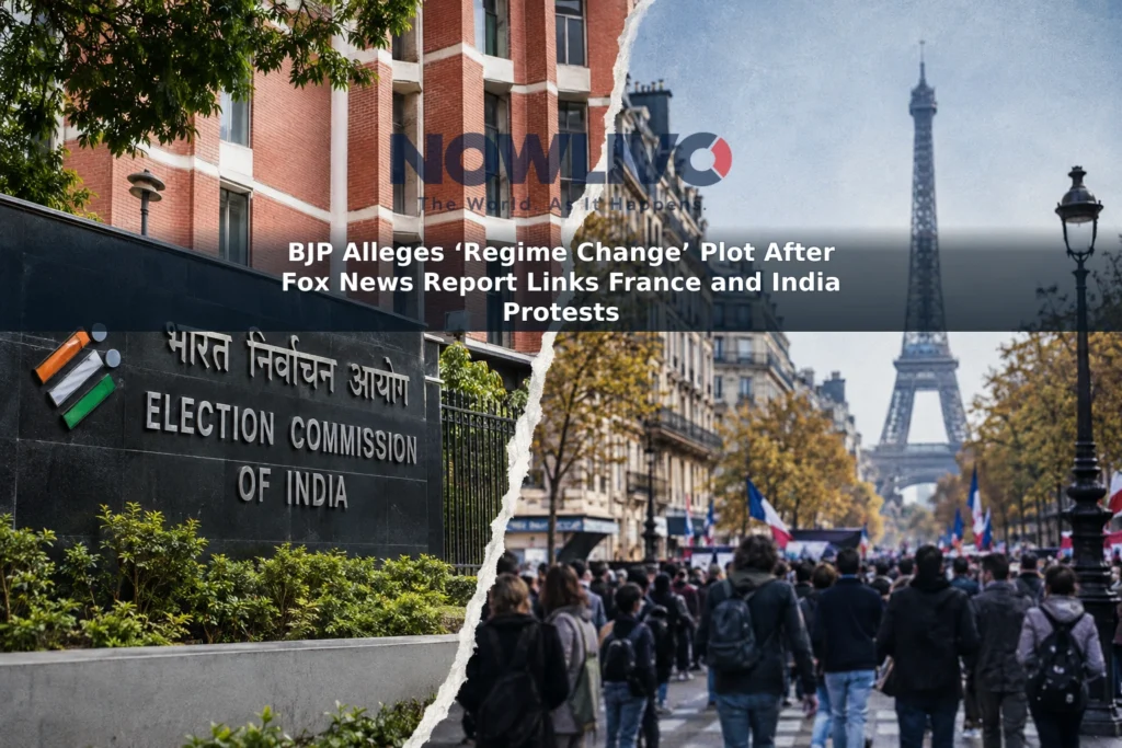 Editorial illustration pairing an election office in New Delhi with a distant protest scene in Paris.