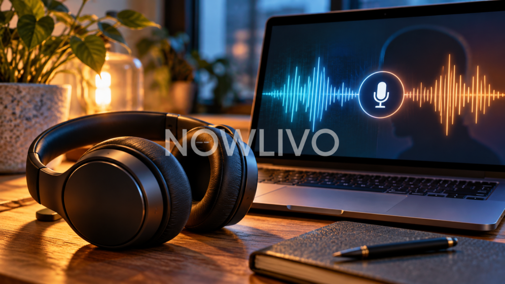 Bluetooth headphones beside a laptop with audio waveforms