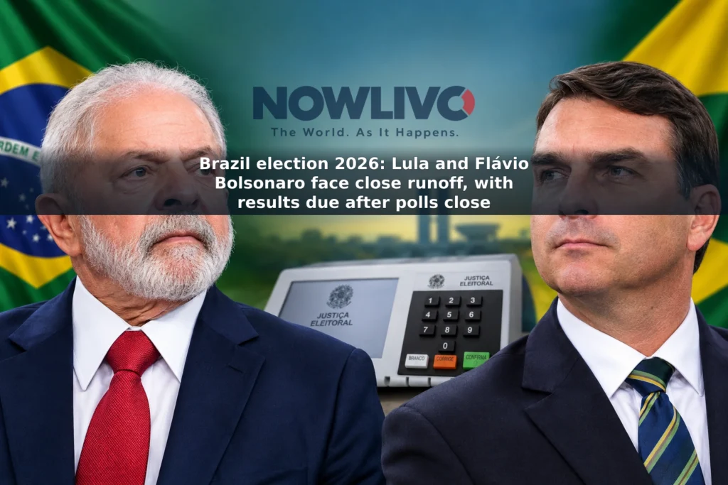 Editorial composite of Lula and Flávio Bolsonaro beside a Brazilian electronic voting machine ahead of the presidential runoff count.