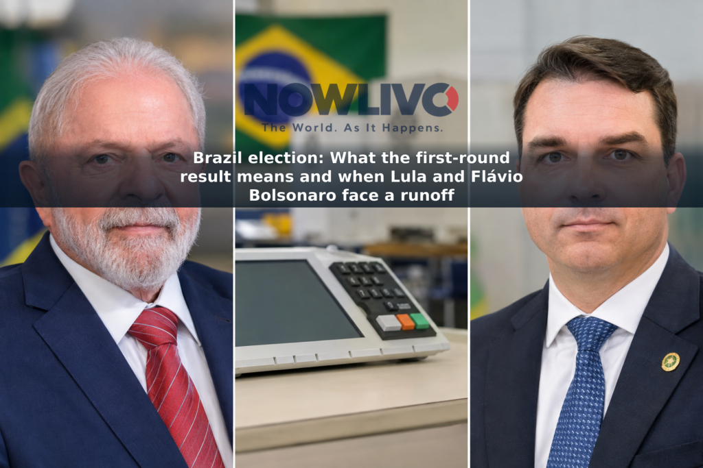 Separate portraits of Luiz Inácio Lula da Silva and Flávio Bolsonaro beside a Brazilian polling-place scene.