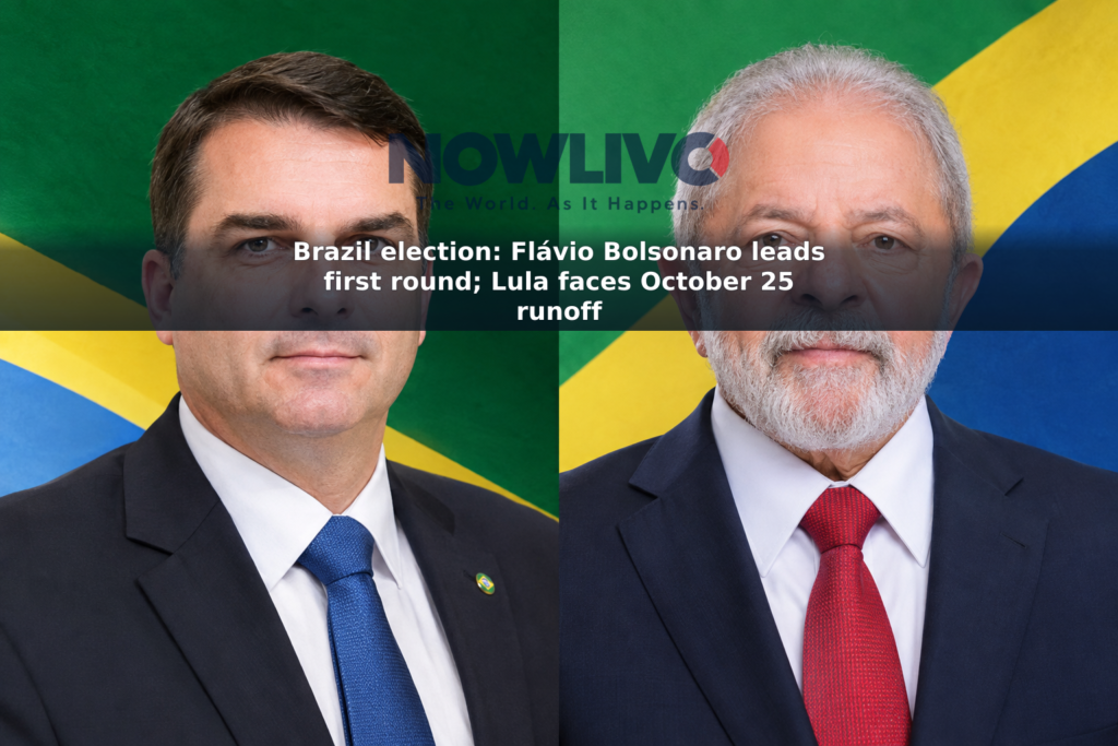 Side-by-side editorial portraits of Flávio Bolsonaro and Luiz Inácio Lula da Silva against a Brazil-themed background.