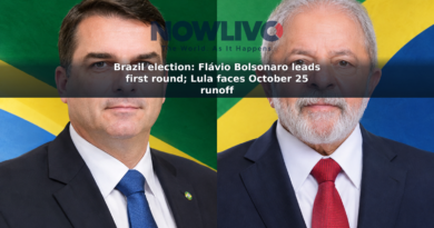 Side-by-side editorial portraits of Flávio Bolsonaro and Luiz Inácio Lula da Silva against a Brazil-themed background.