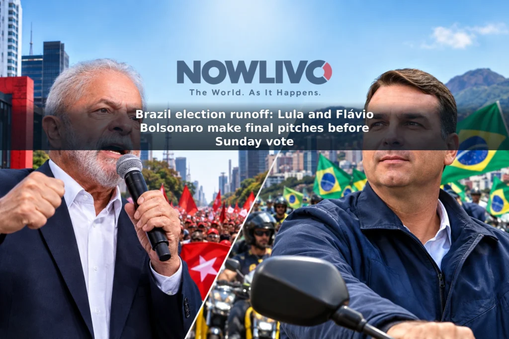 Illustrative split image of Lula at a São Paulo campaign rally and Flávio Bolsonaro at a motorcycle-caravan campaign event before Brazil’s presidential runoff.