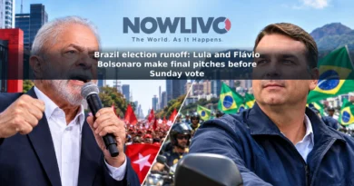 Illustrative split image of Lula at a São Paulo campaign rally and Flávio Bolsonaro at a motorcycle-caravan campaign event before Brazil’s presidential runoff.