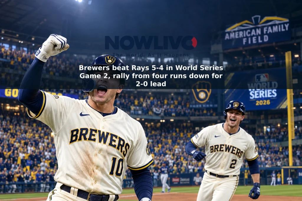 Editorial illustration of Brewers players Sal Frelick and Cooper Pratt celebrating Milwaukee’s Game 2 World Series comeback against the Rays.