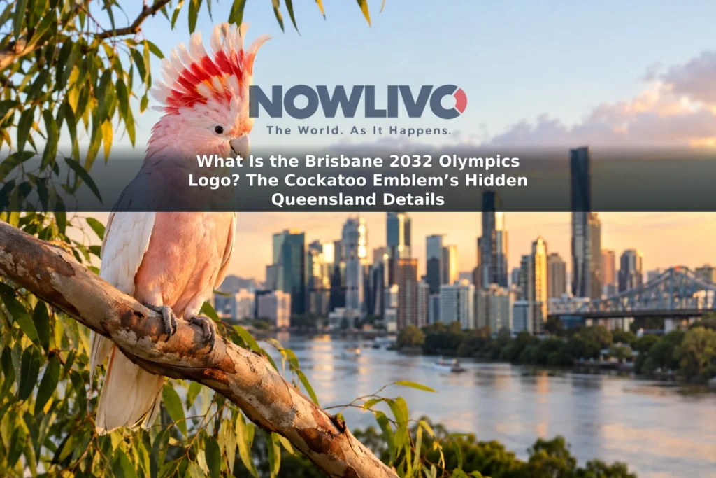 Pink cockatoo with its crest raised on a branch, with a softly blurred Brisbane skyline behind it.