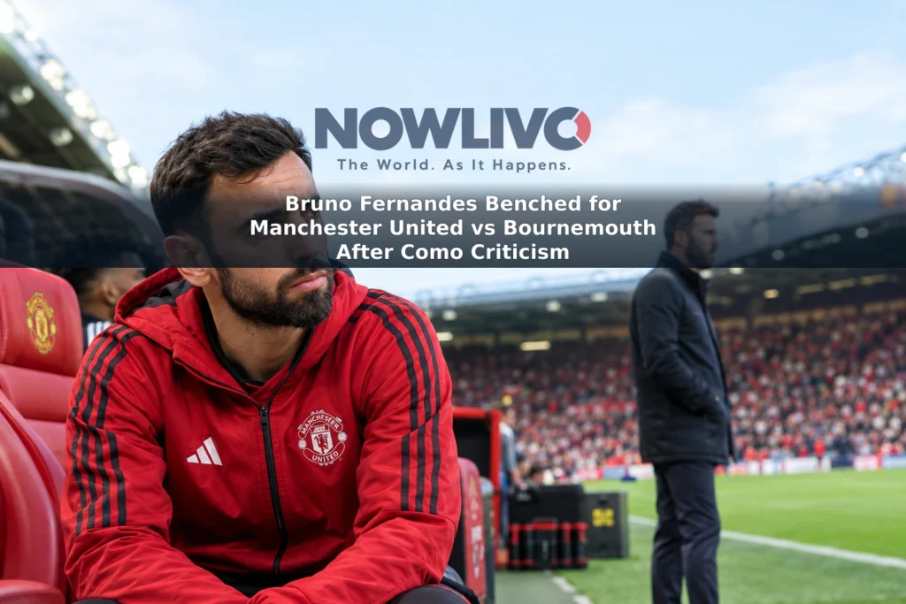 Editorial illustration of Bruno Fernandes at Old Trafford with the pitch and dugout behind him, reflecting his place on Manchester United’s bench against Bournemouth.