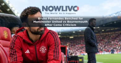 Editorial illustration of Bruno Fernandes at Old Trafford with the pitch and dugout behind him, reflecting his place on Manchester United’s bench against Bournemouth.
