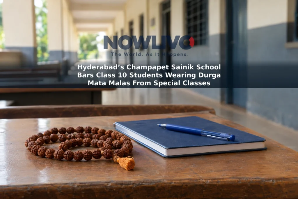 A devotional mala beside a notebook on a school desk, with a corridor blurred in the background