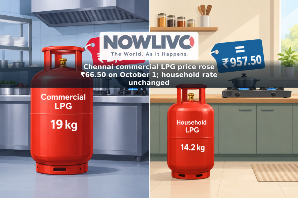 Illustration comparing Chennai’s ₹2,983 commercial LPG cylinder price with the unchanged ₹957.50 household cylinder price.