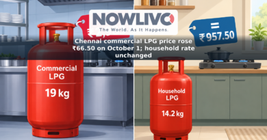 Illustration comparing Chennai’s ₹2,983 commercial LPG cylinder price with the unchanged ₹957.50 household cylinder price.