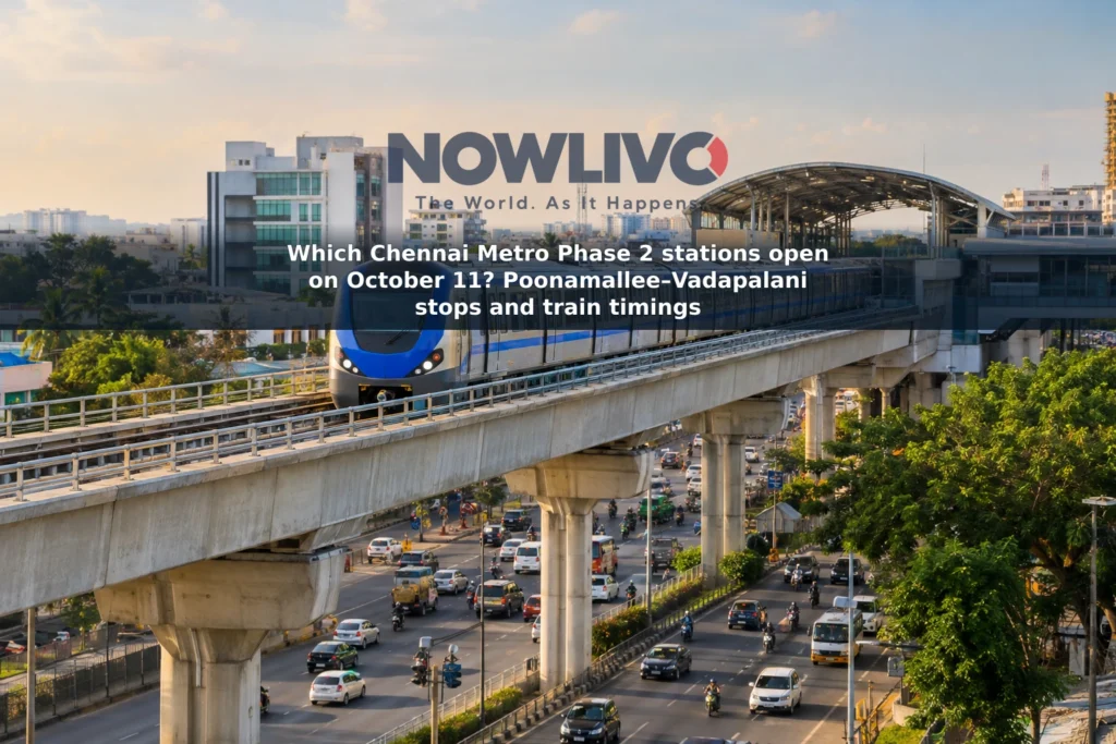 Illustrative view of a metro train travelling on an elevated line above a Chennai street.