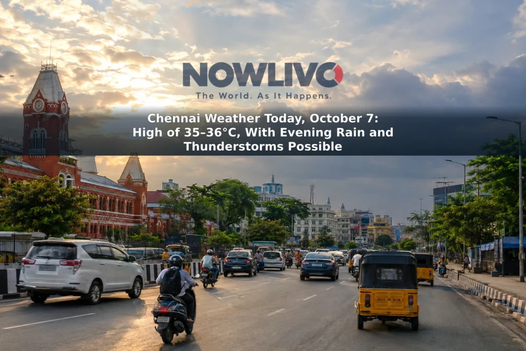A partly cloudy Chennai streetscape under warm afternoon sunlight, with darker clouds in the distance.