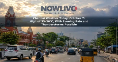 A partly cloudy Chennai streetscape under warm afternoon sunlight, with darker clouds in the distance.