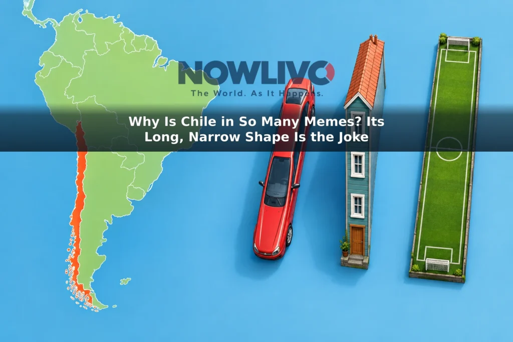 Illustration of Chile’s long outline beside fanciful narrow versions of a car, house and soccer field.