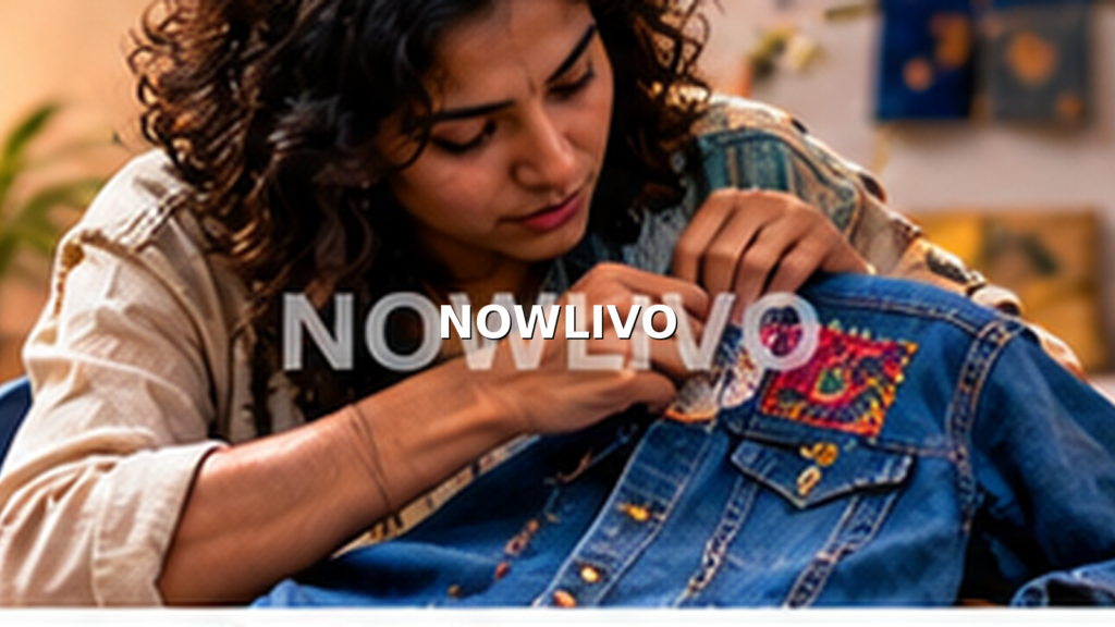 Indian clothing designer sewing a colourful patch onto a denim jacket in workshop