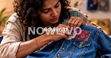 Indian clothing designer sewing a colourful patch onto a denim jacket in workshop