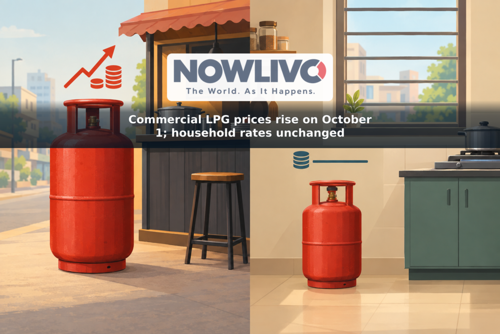 Illustration contrasting a larger commercial LPG cylinder at a restaurant with a smaller household cylinder at home; only the commercial side shows a price increase.