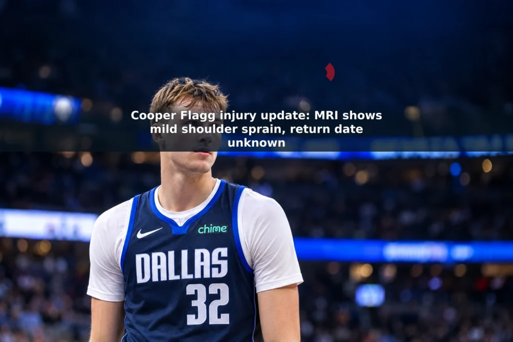 Editorial depiction of Cooper Flagg in a Dallas Mavericks uniform at a basketball arena.