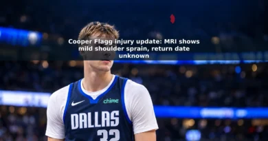 Editorial depiction of Cooper Flagg in a Dallas Mavericks uniform at a basketball arena.