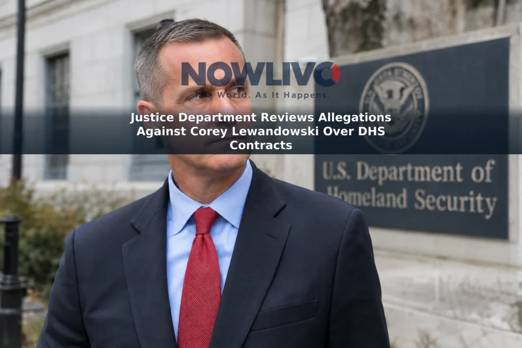 Corey Lewandowski outside a federal government building with a Department of Homeland Security sign in the background