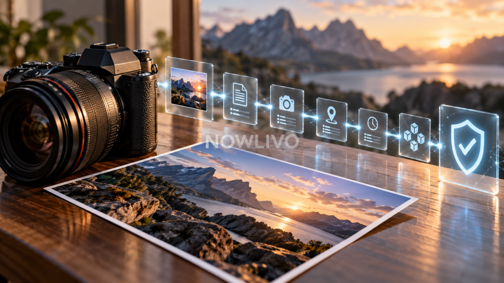 Camera and landscape image beside illustrated provenance cards
