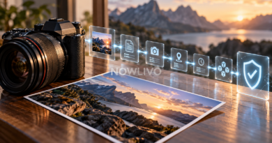 Camera and landscape image beside illustrated provenance cards