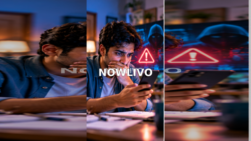 Concerned person examining a smartphone beside a glowing digital fraud warning in a home setting