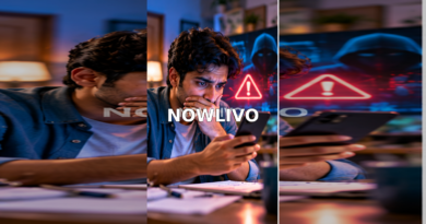 Concerned person examining a smartphone beside a glowing digital fraud warning in a home setting