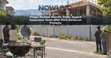 Editorial illustration of a barbecue grill near an unfinished building on a Daegu residential street.