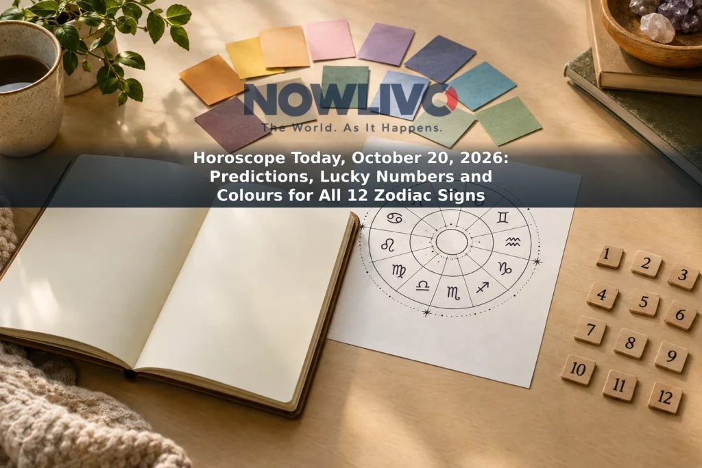 Zodiac wheel illustration beside coloured swatches and number tiles on a desk