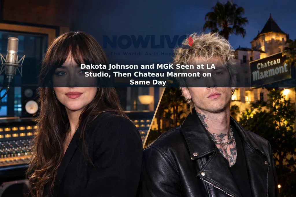 Editorial composite of Dakota Johnson and Machine Gun Kelly against Los Angeles studio and Chateau Marmont-inspired backdrops.