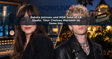 Editorial composite of Dakota Johnson and Machine Gun Kelly against Los Angeles studio and Chateau Marmont-inspired backdrops.