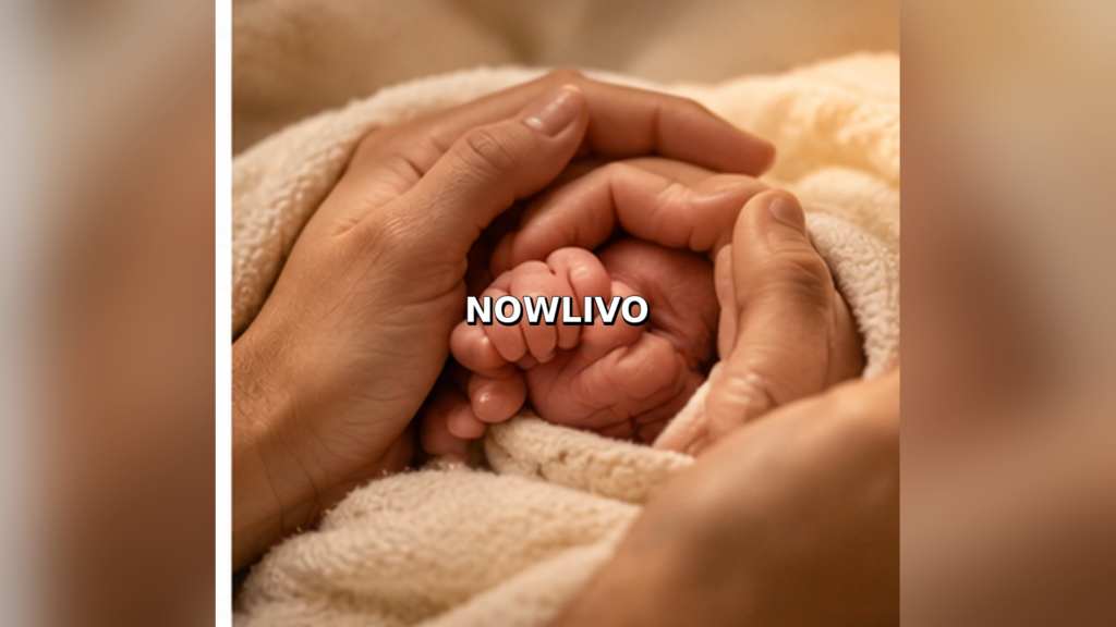 Editorial illustration of an infant holding an adult hand, representing a public family announcement